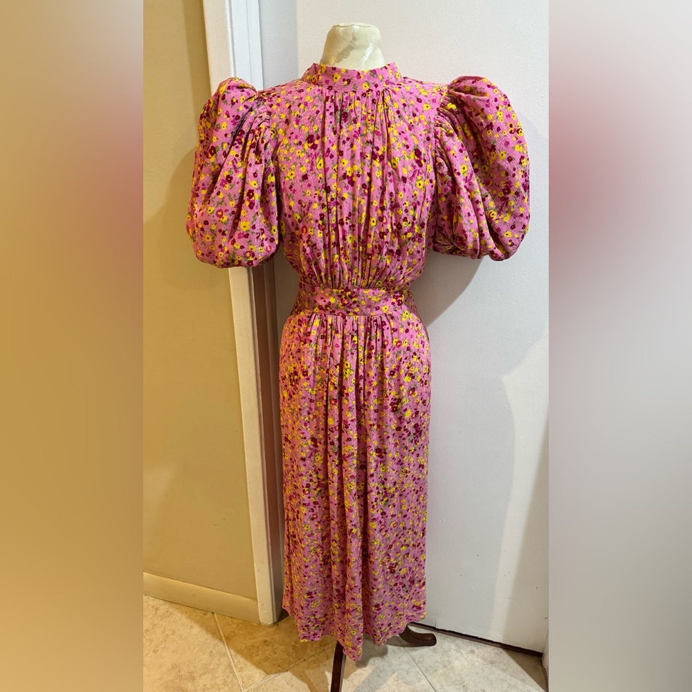 Rotate Floral Jacquard Romantic Puff Sleeves Open Back Midi “Noon” Dress 6 EU 36